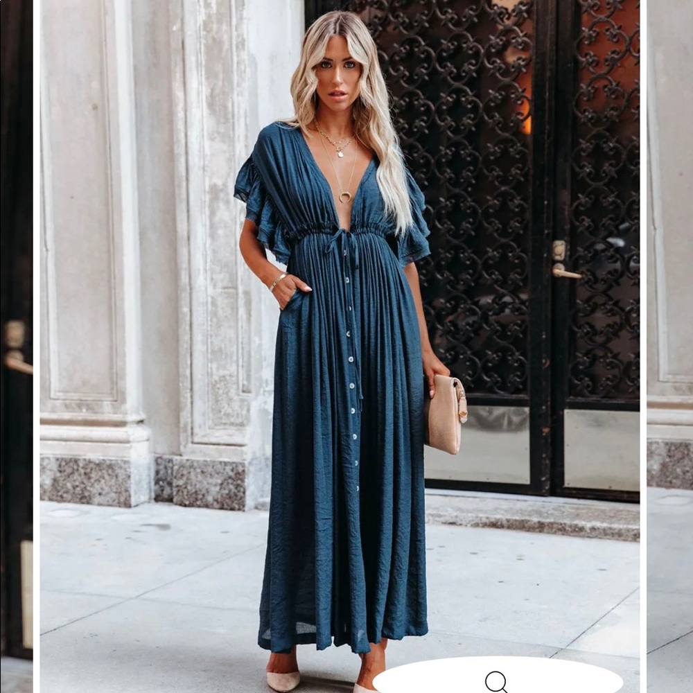 ANIKA POCKETED BUTTON DOWN RUFFLE MAXI DRESS - OCEAN DIP
